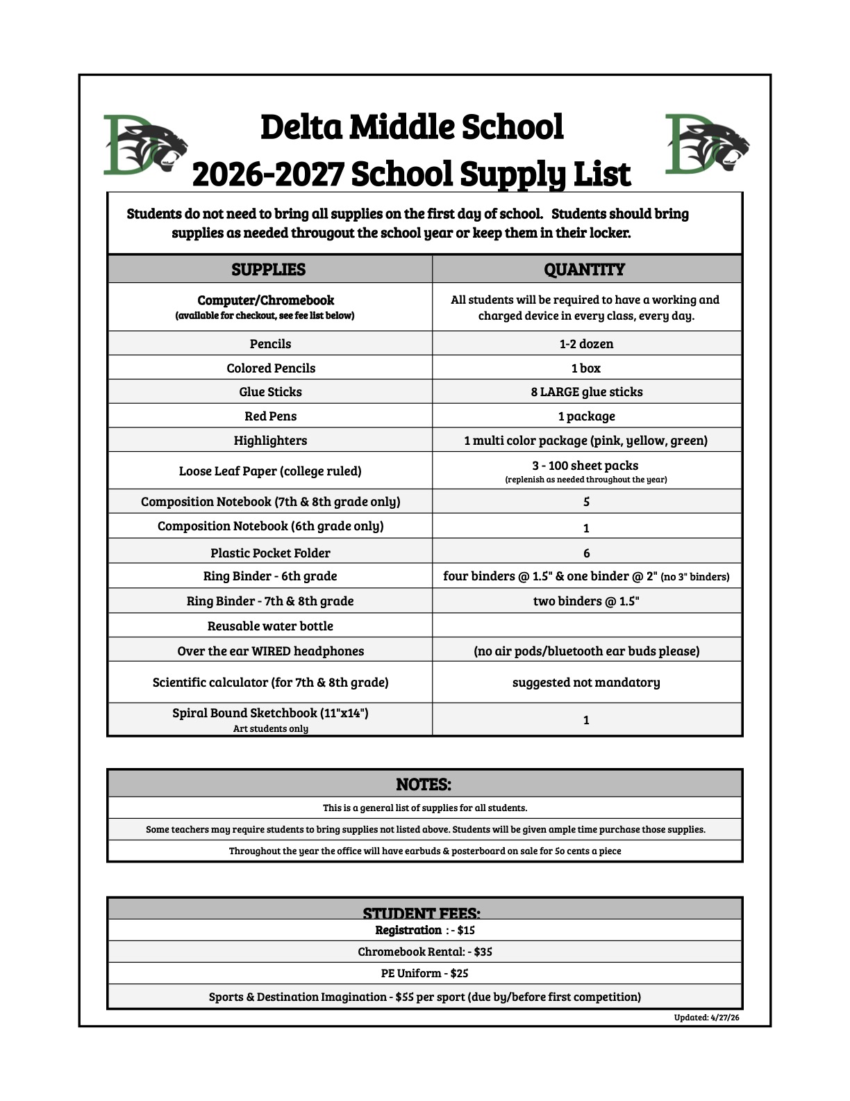 School Supply List